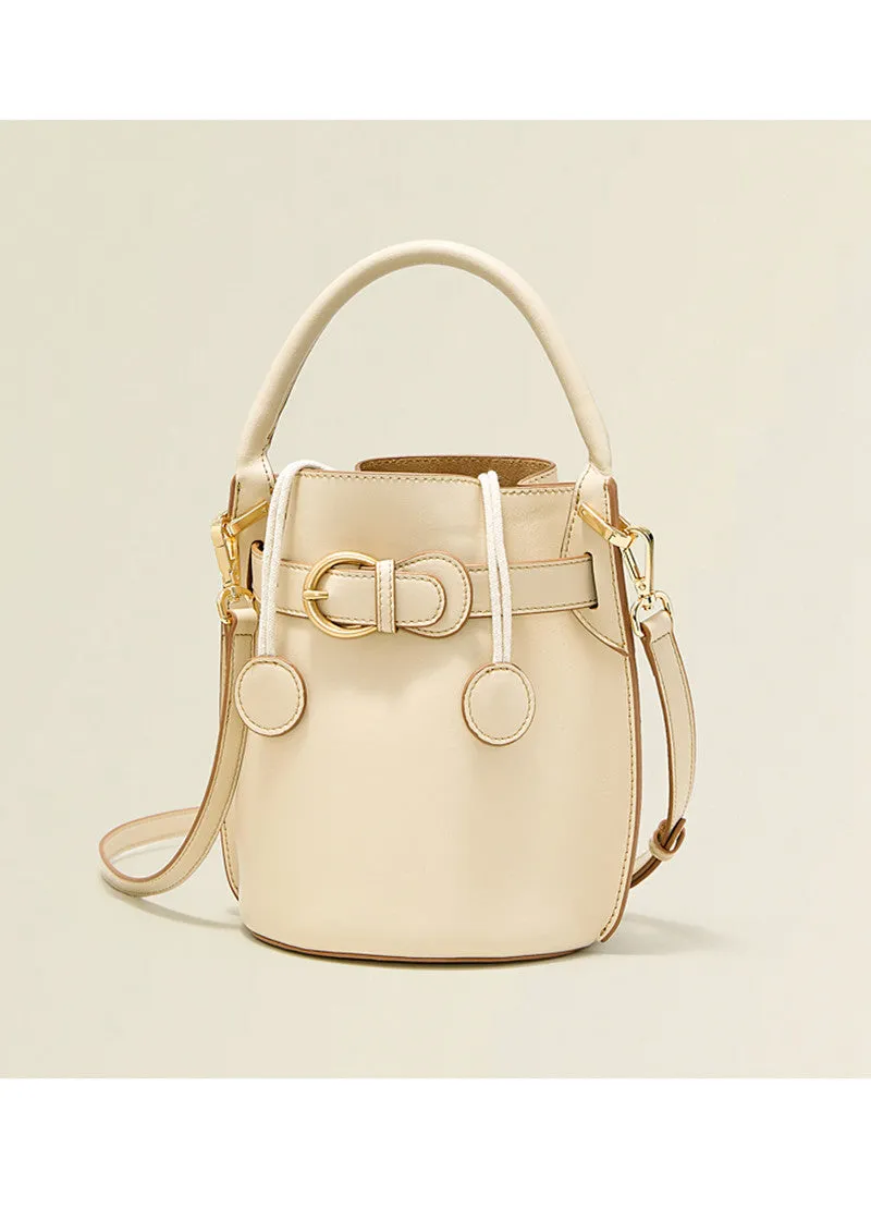 Metal Belt Buckle Cowhide Leather Bucket Bag