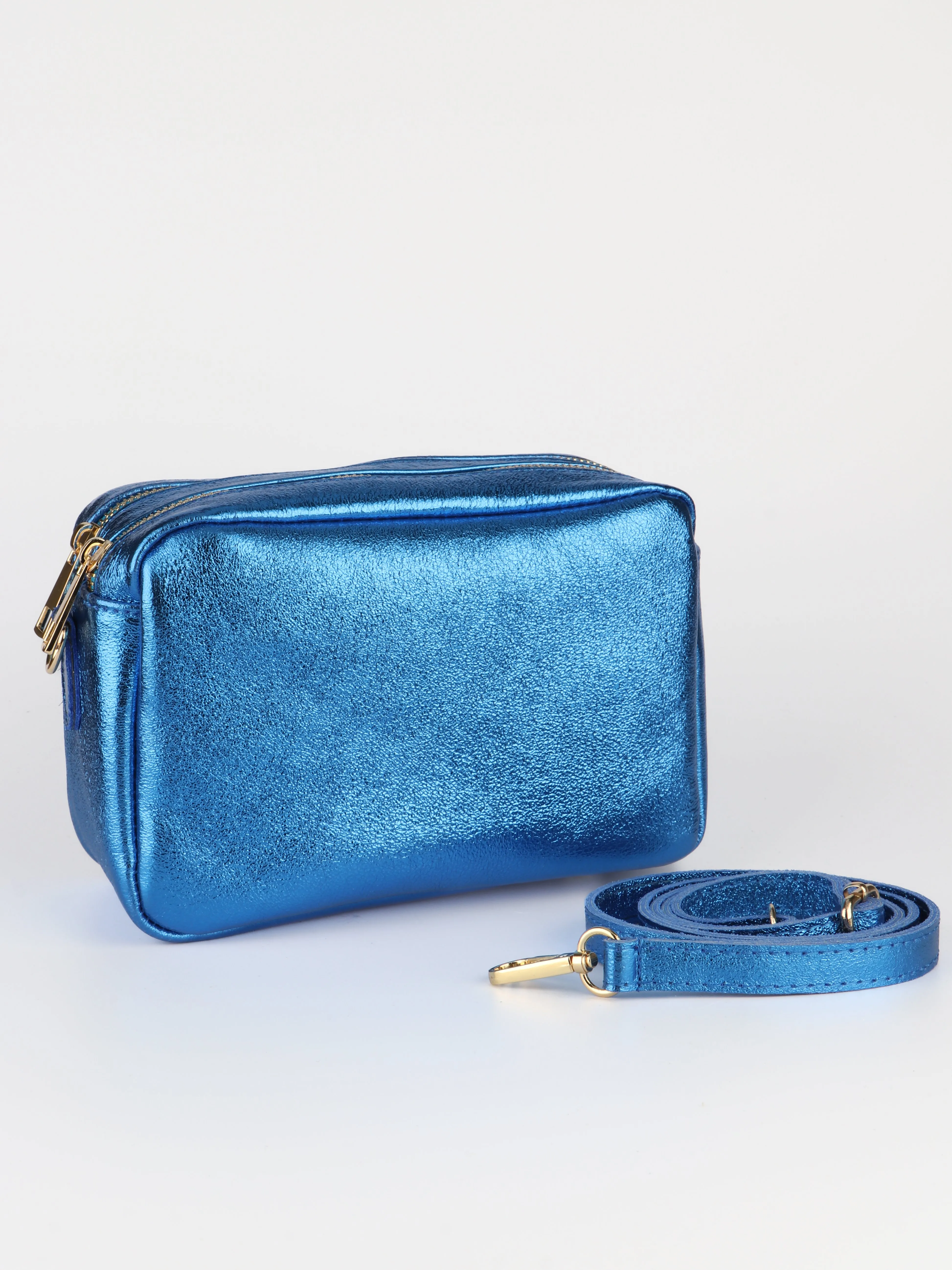 Naomi - Italian Leather Crossbody Bag - Blue, Metallic