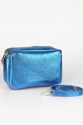 Naomi - Italian Leather Crossbody Bag - Blue, Metallic