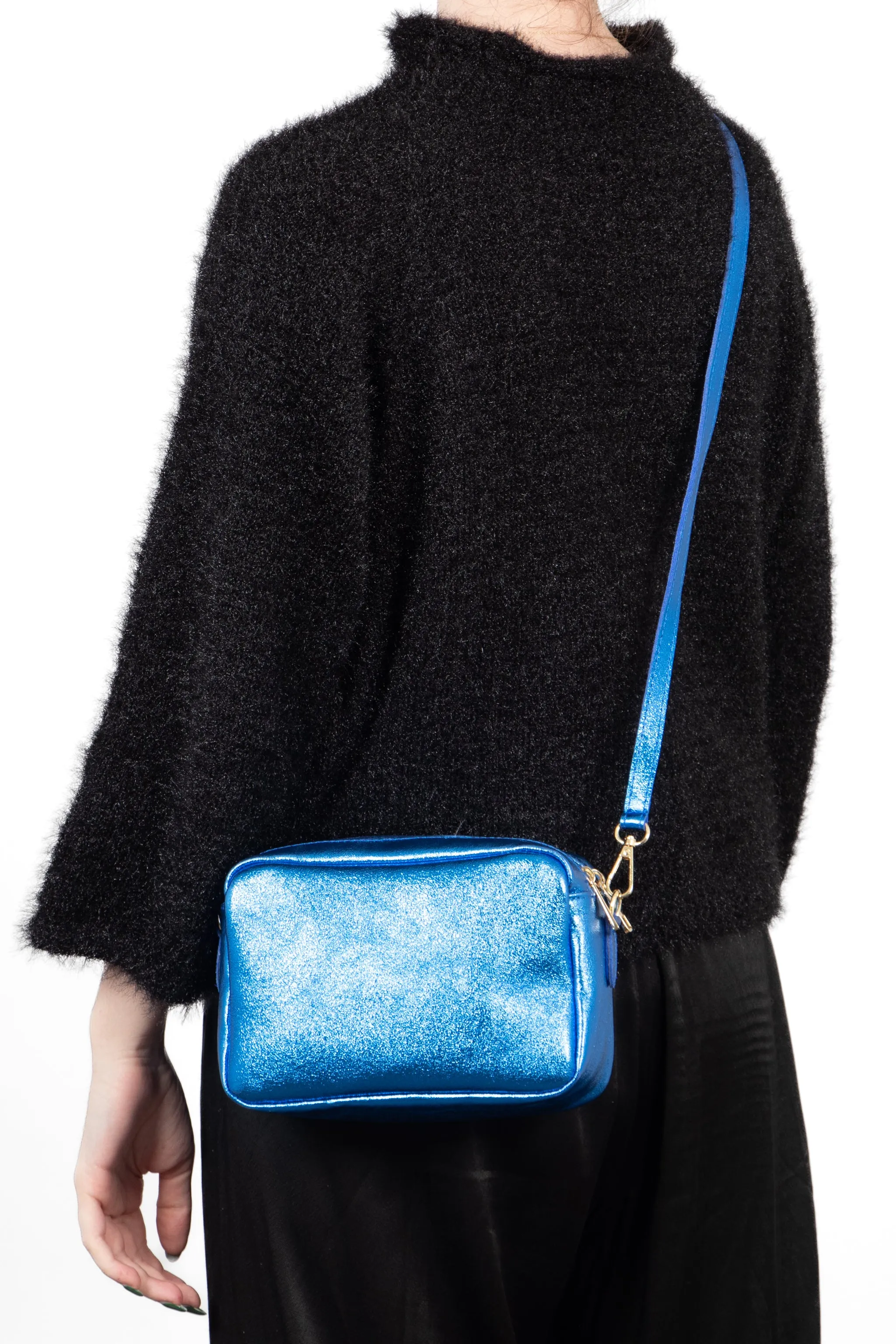 Naomi - Italian Leather Crossbody Bag - Blue, Metallic