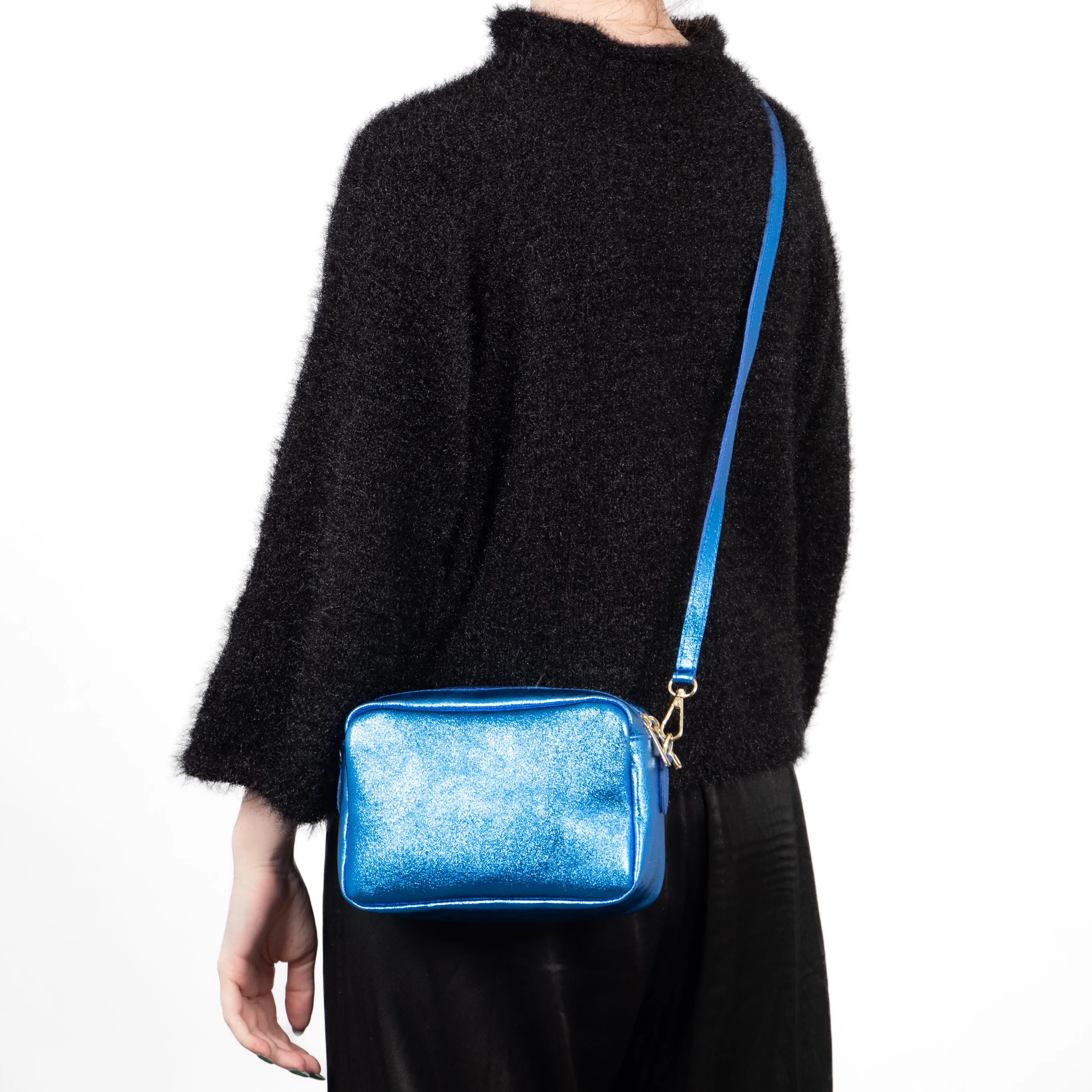 Naomi - Italian Leather Crossbody Bag - Blue, Metallic