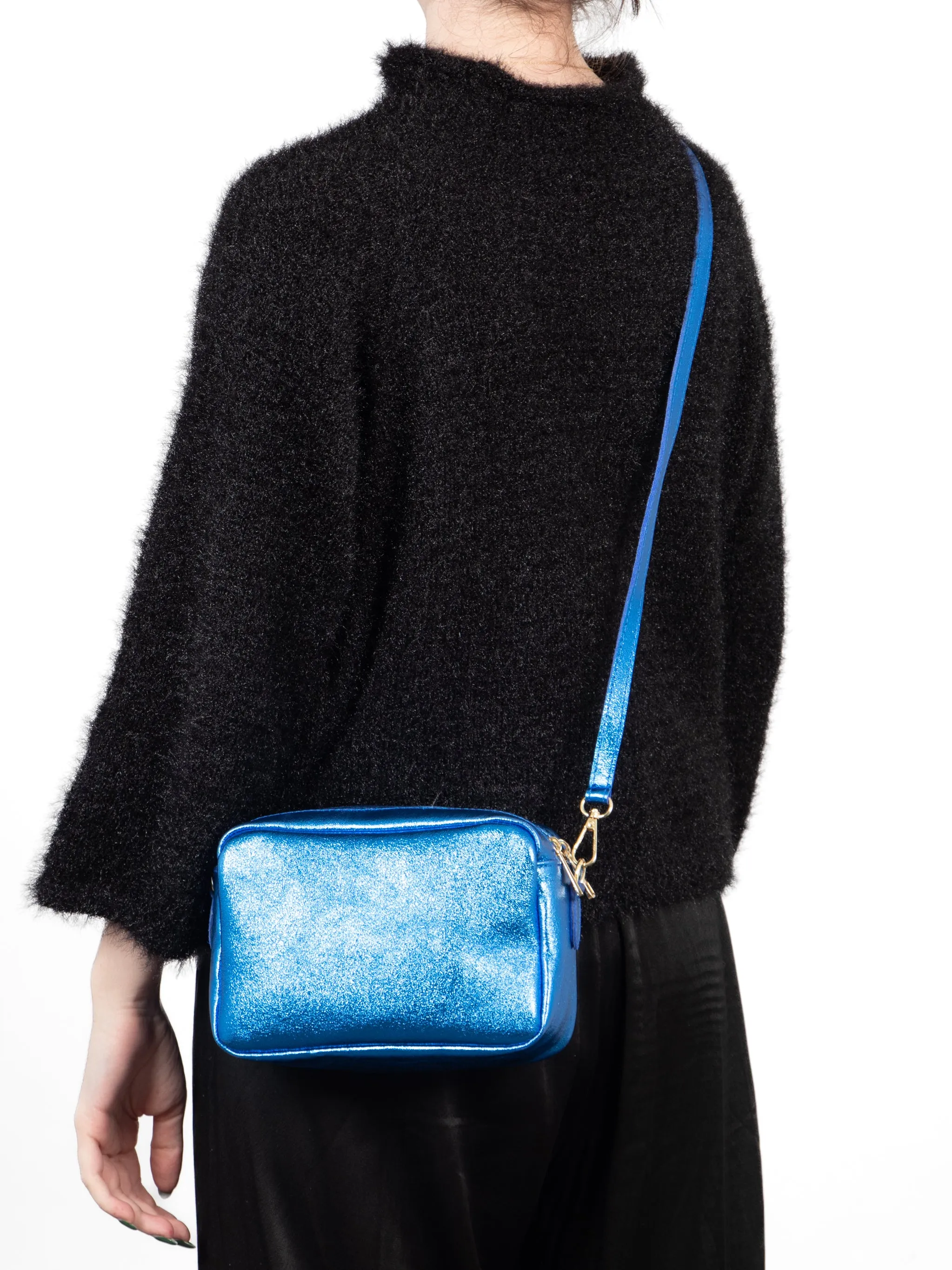 Naomi - Italian Leather Crossbody Bag - Blue, Metallic
