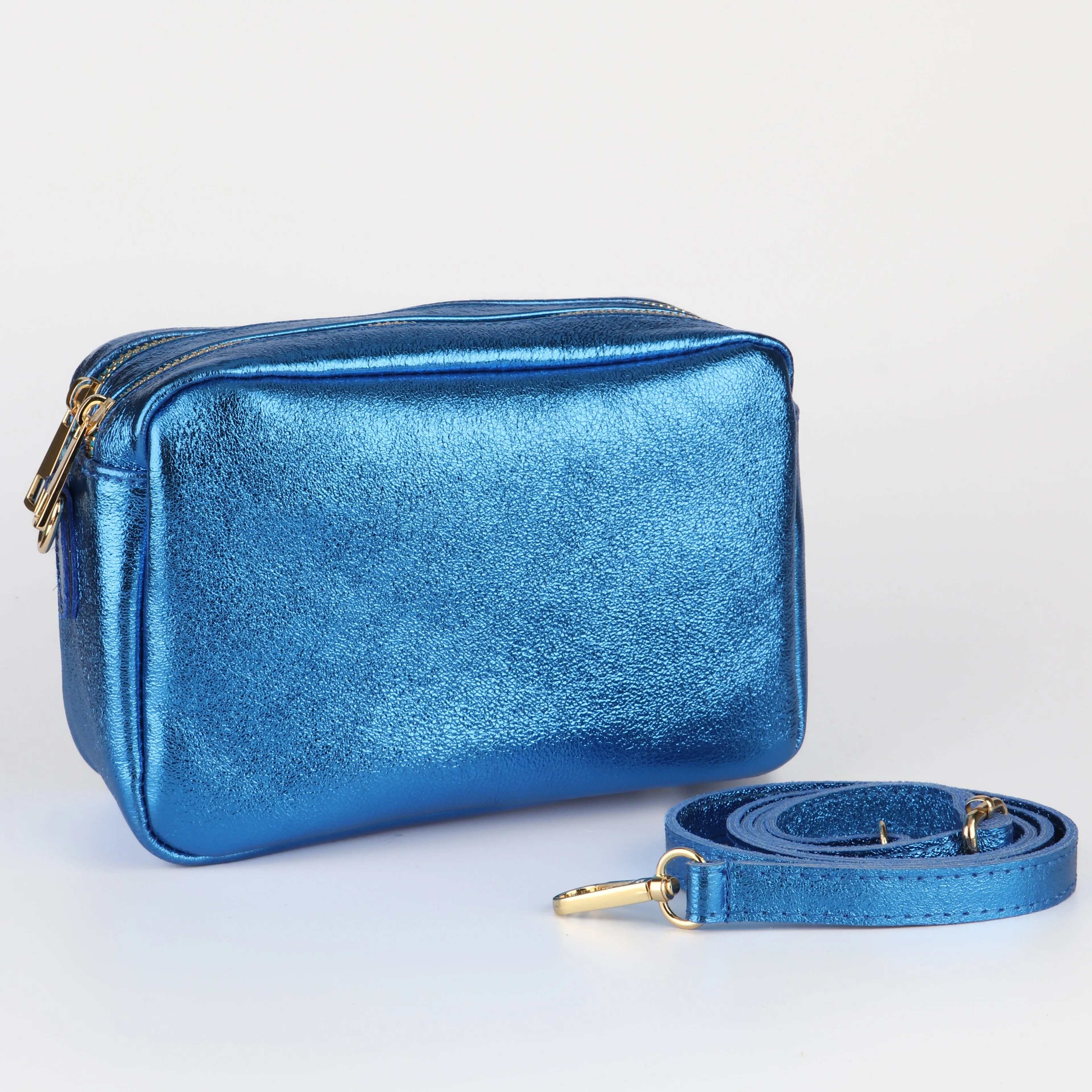 Naomi - Italian Leather Crossbody Bag - Blue, Metallic