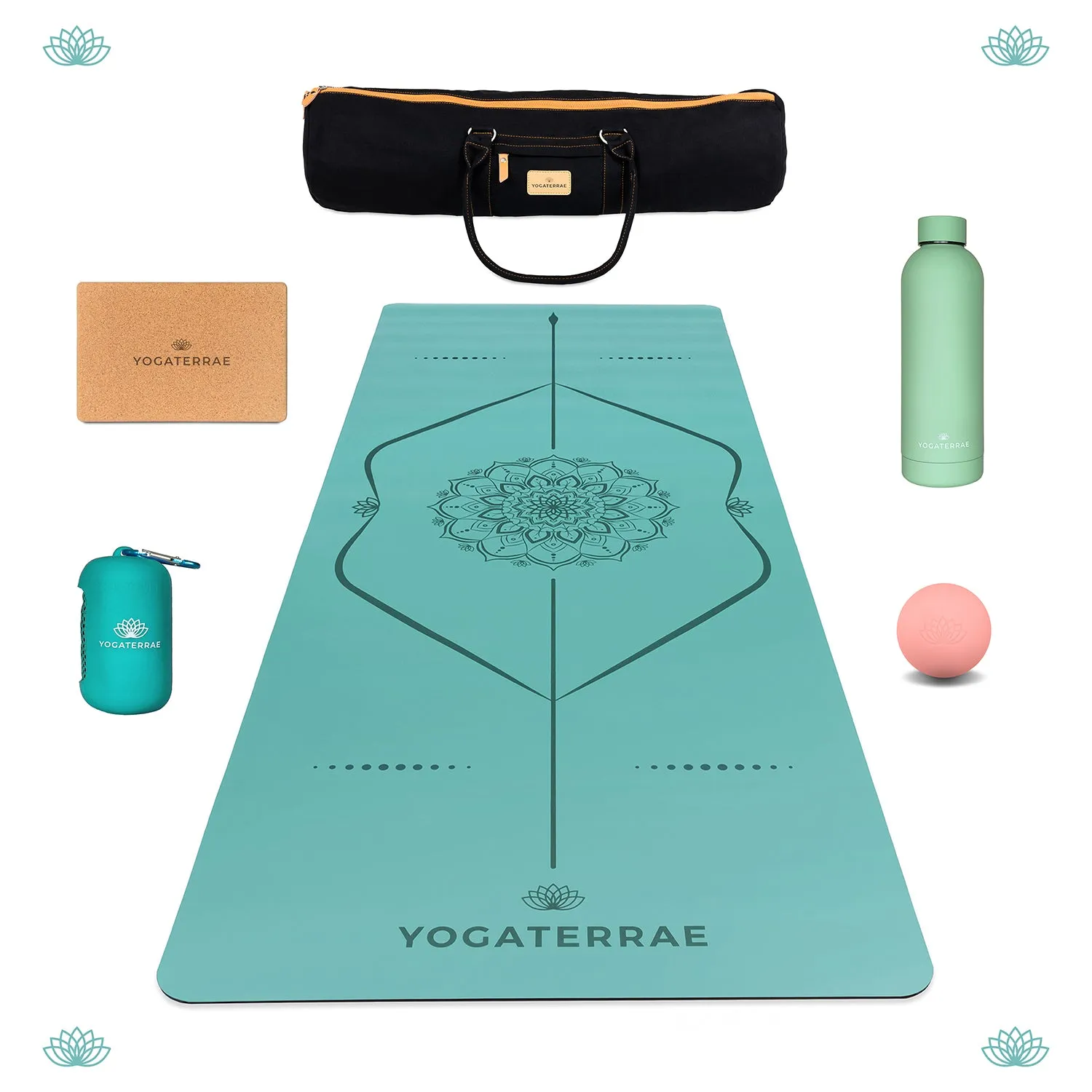 PACK TAPIS DE YOGA MANDALA VERT MENTHE EN PU-CAOUTCHOUC NATUREL   5 ACCESSOIRES