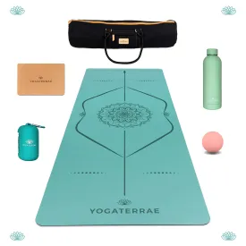 PACK TAPIS DE YOGA MANDALA VERT MENTHE EN PU-CAOUTCHOUC NATUREL   5 ACCESSOIRES
