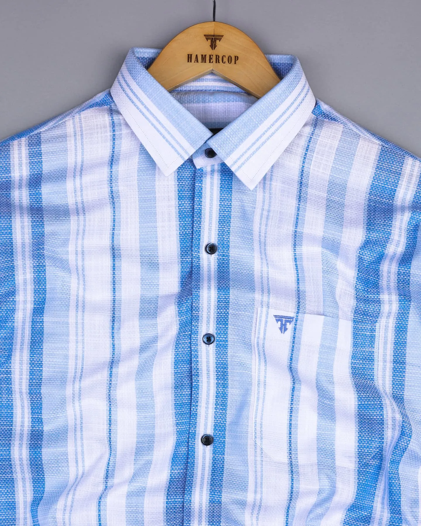 Peoria Blue With White Dobby Stripe Cotton Shirt