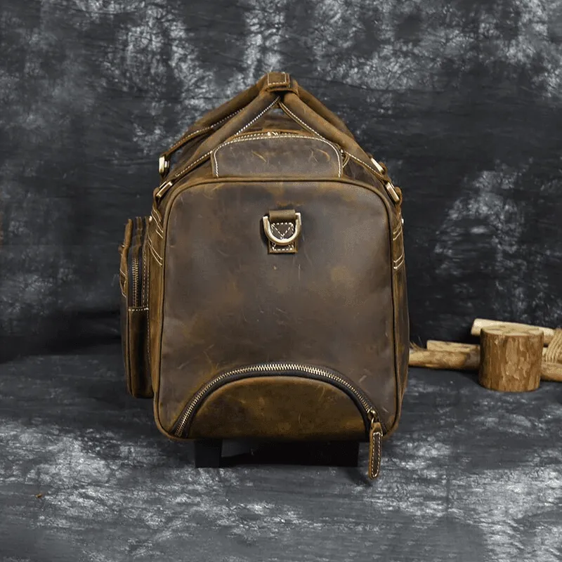 Premium Leather Travel Duffel Bag With Wheels 2 Brown