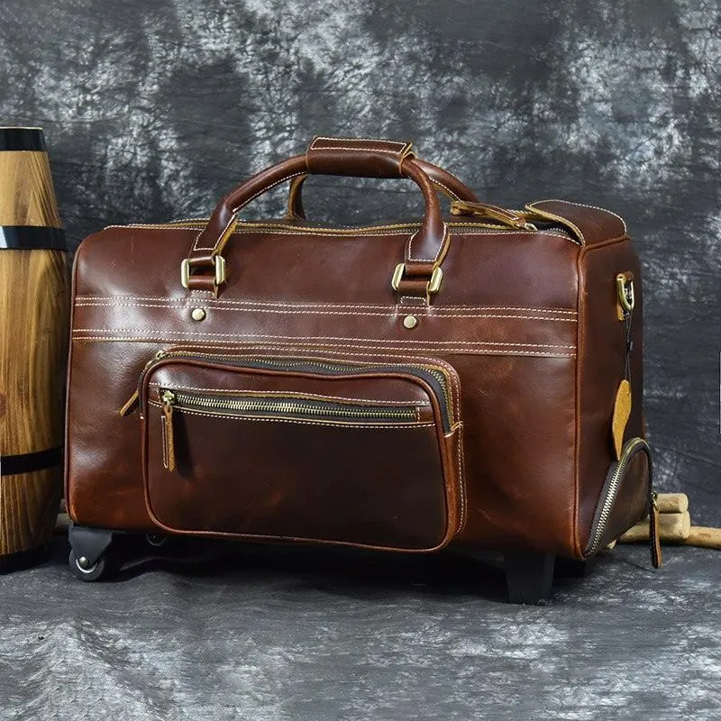 Premium Leather Travel Duffel Bag With Wheels 2 Brown