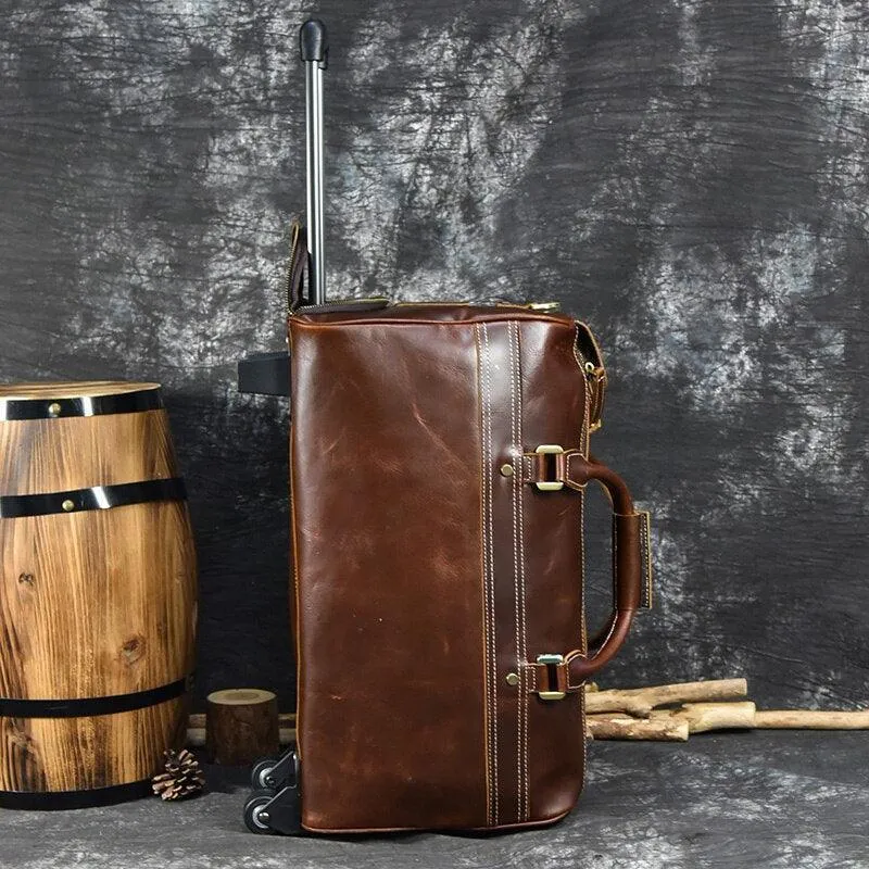 Premium Leather Travel Duffel Bag With Wheels 2 Brown
