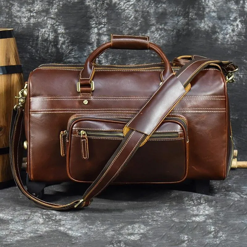 Premium Leather Travel Duffel Bag With Wheels 2 Brown