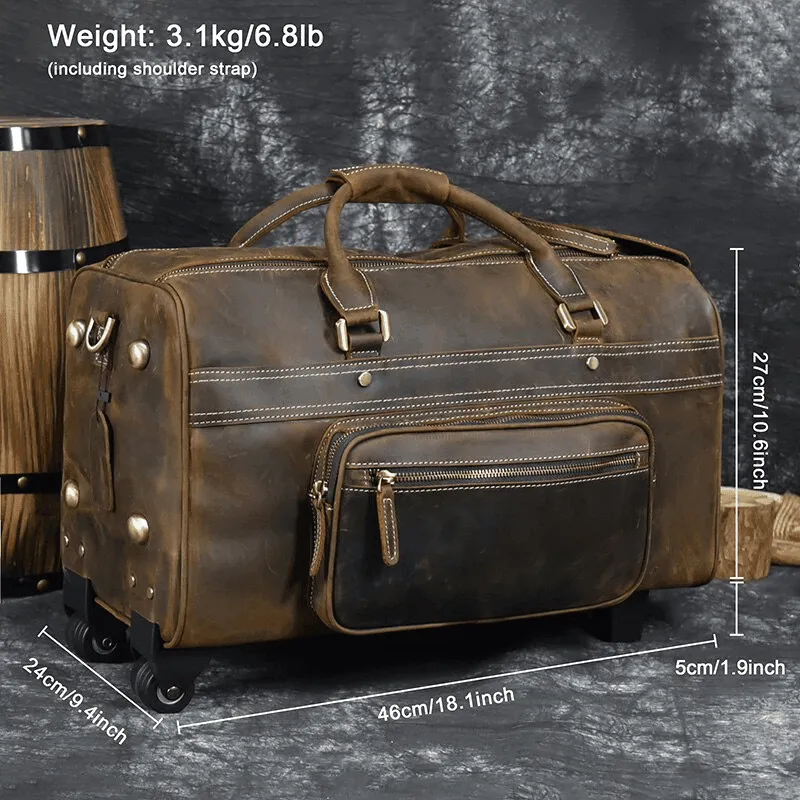 Premium Leather Travel Duffel Bag With Wheels 2 Brown