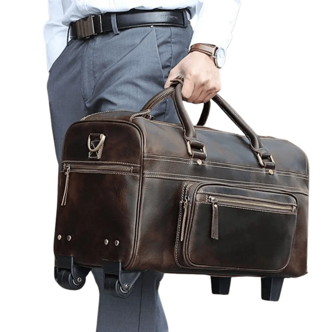 Premium Leather Travel Duffel Bag With Wheels 2 Brown