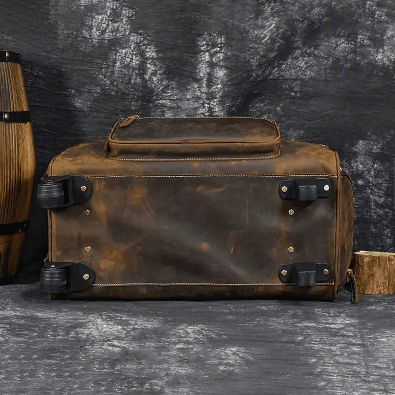 Premium Leather Travel Duffel Bag With Wheels 2 Brown