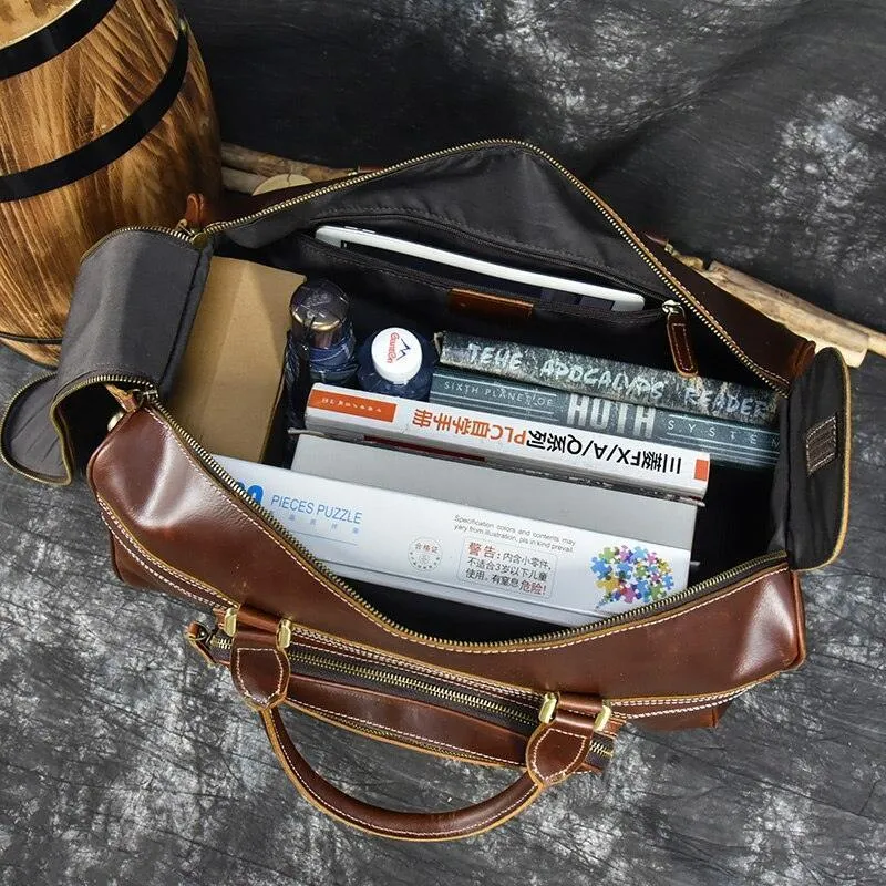 Premium Leather Travel Duffel Bag With Wheels 2 Brown