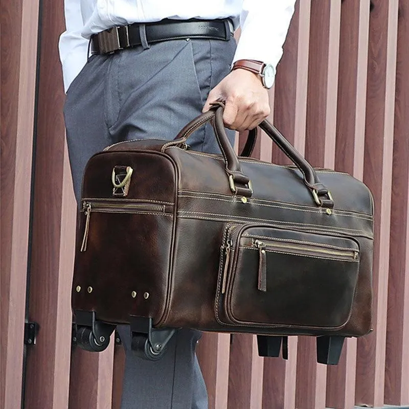 Premium Leather Travel Duffel Bag With Wheels 2 Brown