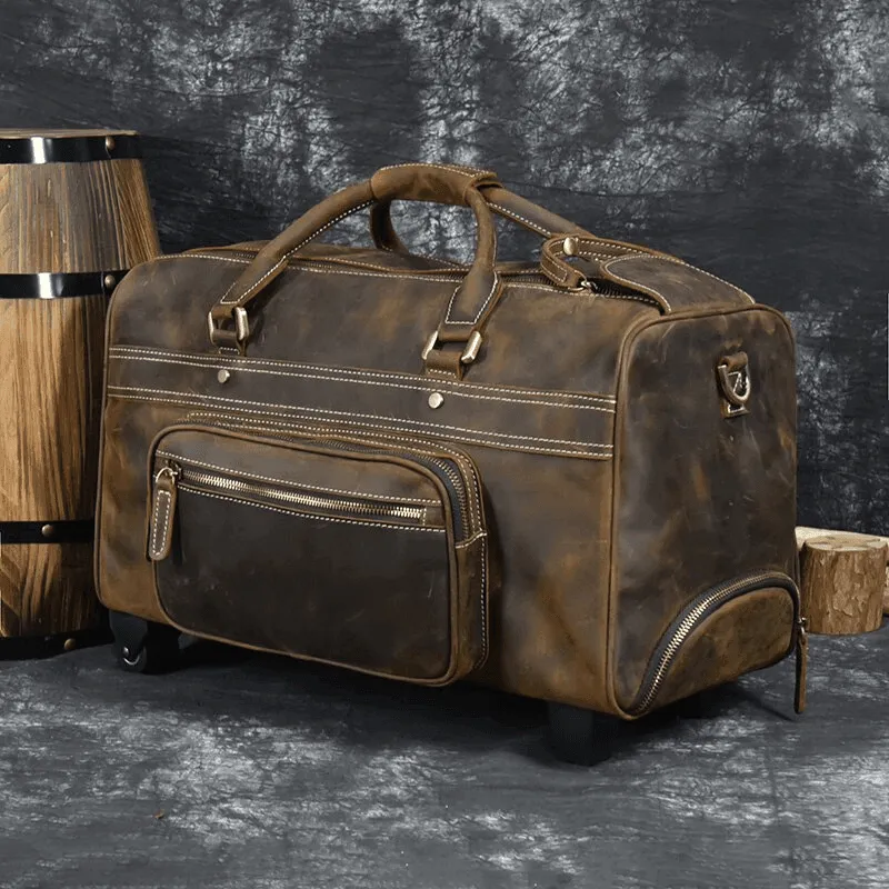 Premium Leather Travel Duffel Bag With Wheels 2 Brown