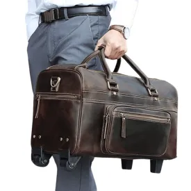Premium Leather Travel Duffel Bag With Wheels 2 Brown