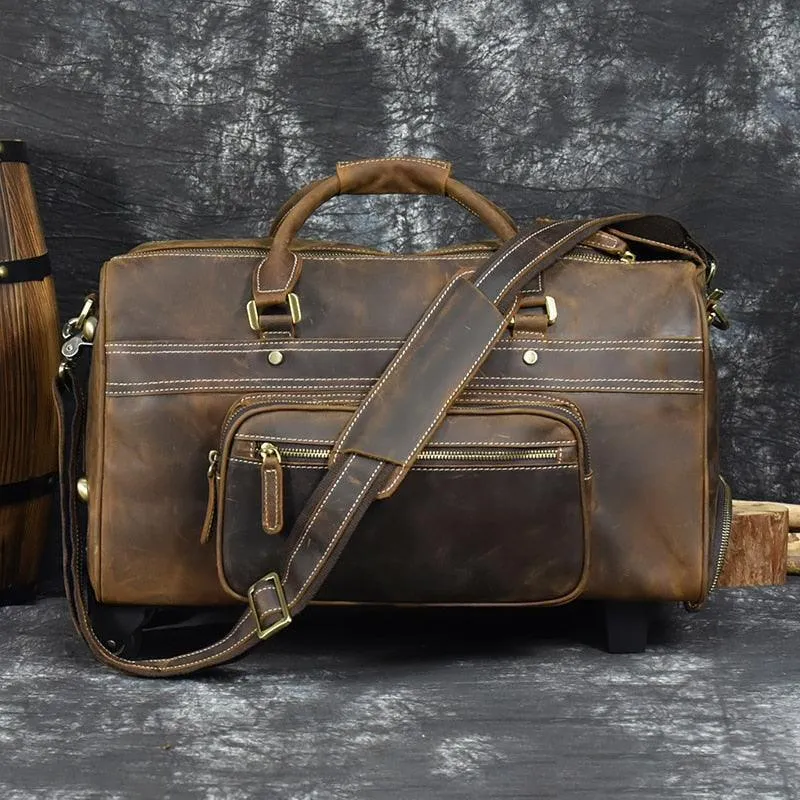 Premium Leather Travel Duffel Bag With Wheels 2 Brown