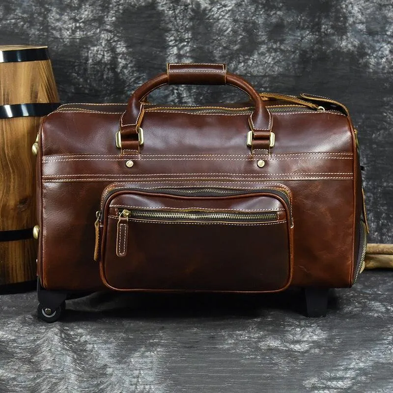 Premium Leather Travel Duffel Bag With Wheels 2 Brown