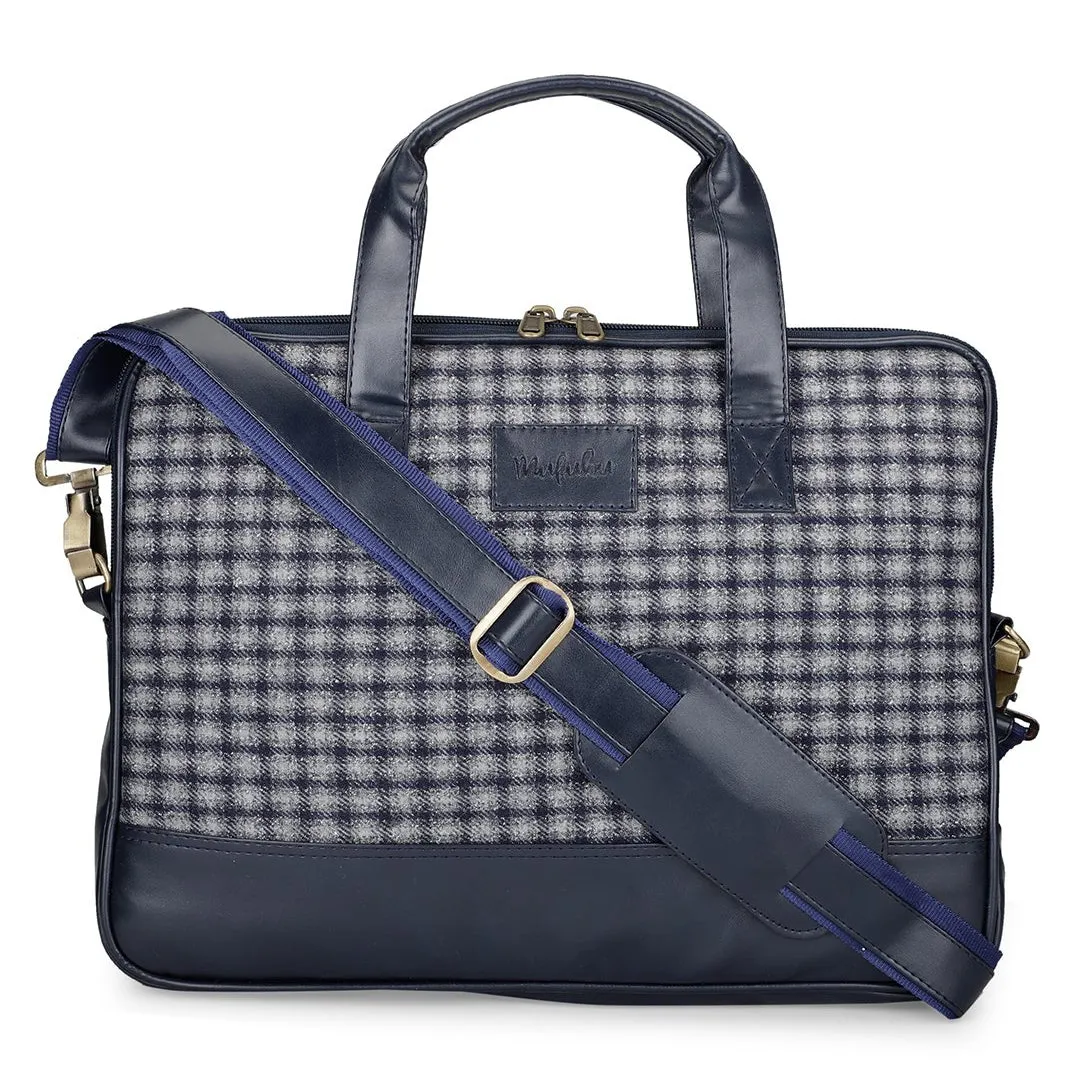 Vegan & Tweed 15.6 Inch Laptop Messenger Bag with Pouch - Retro Blue Checks