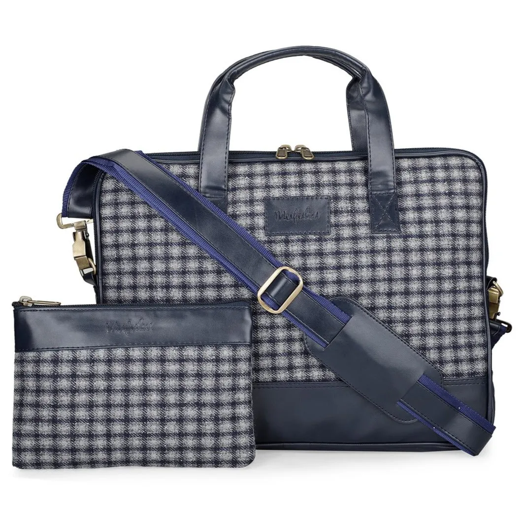 Vegan & Tweed 15.6 Inch Laptop Messenger Bag with Pouch - Retro Blue Checks