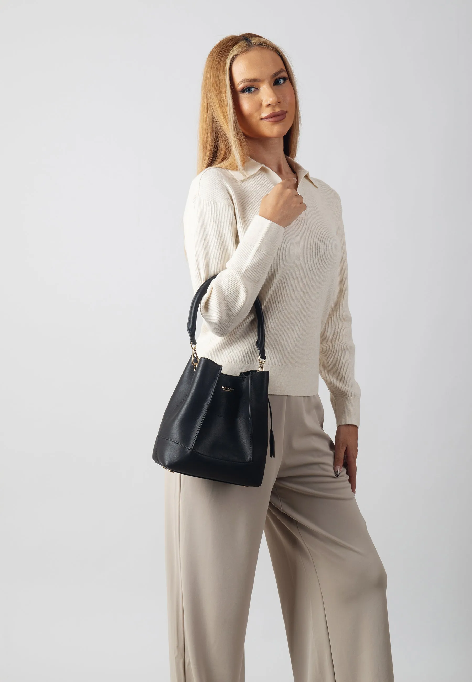 Velvet Genuine Leather Handbag (Black)