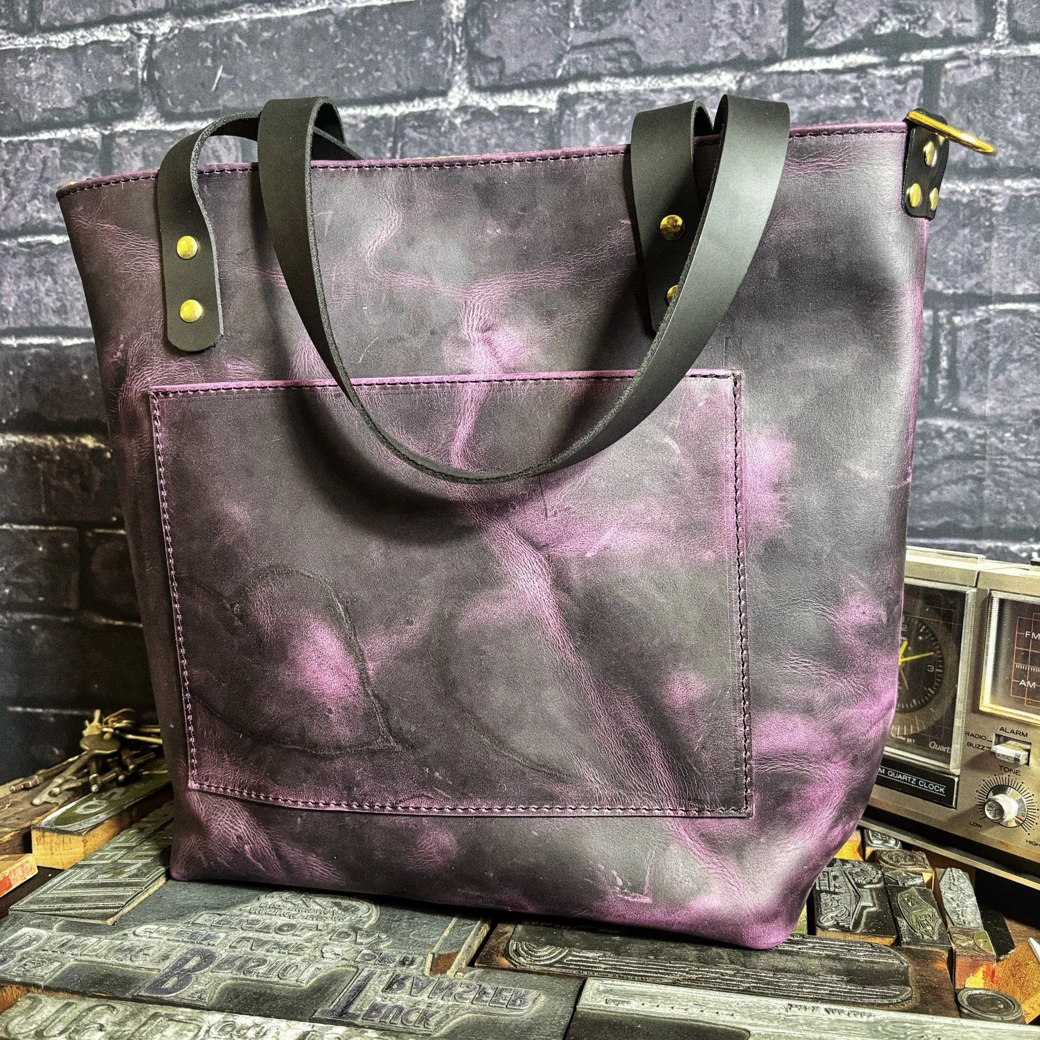 War Eagle Mill Rogers Arkansas Repurposed Vintage Flour Sack Full Grain Purple Leather Tote Bag