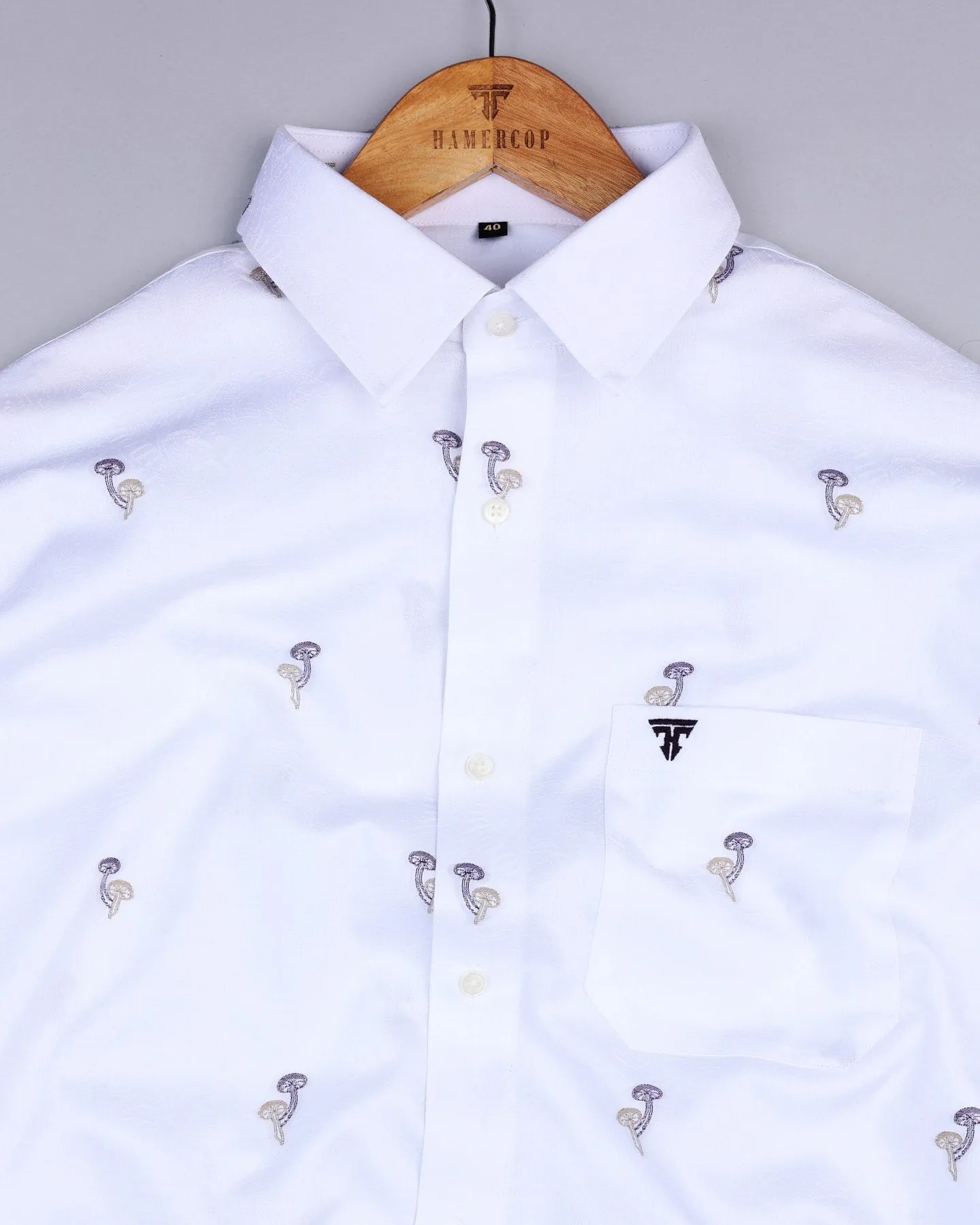 White Mashroom Printed Jacquard Gizza Cotton Shirt