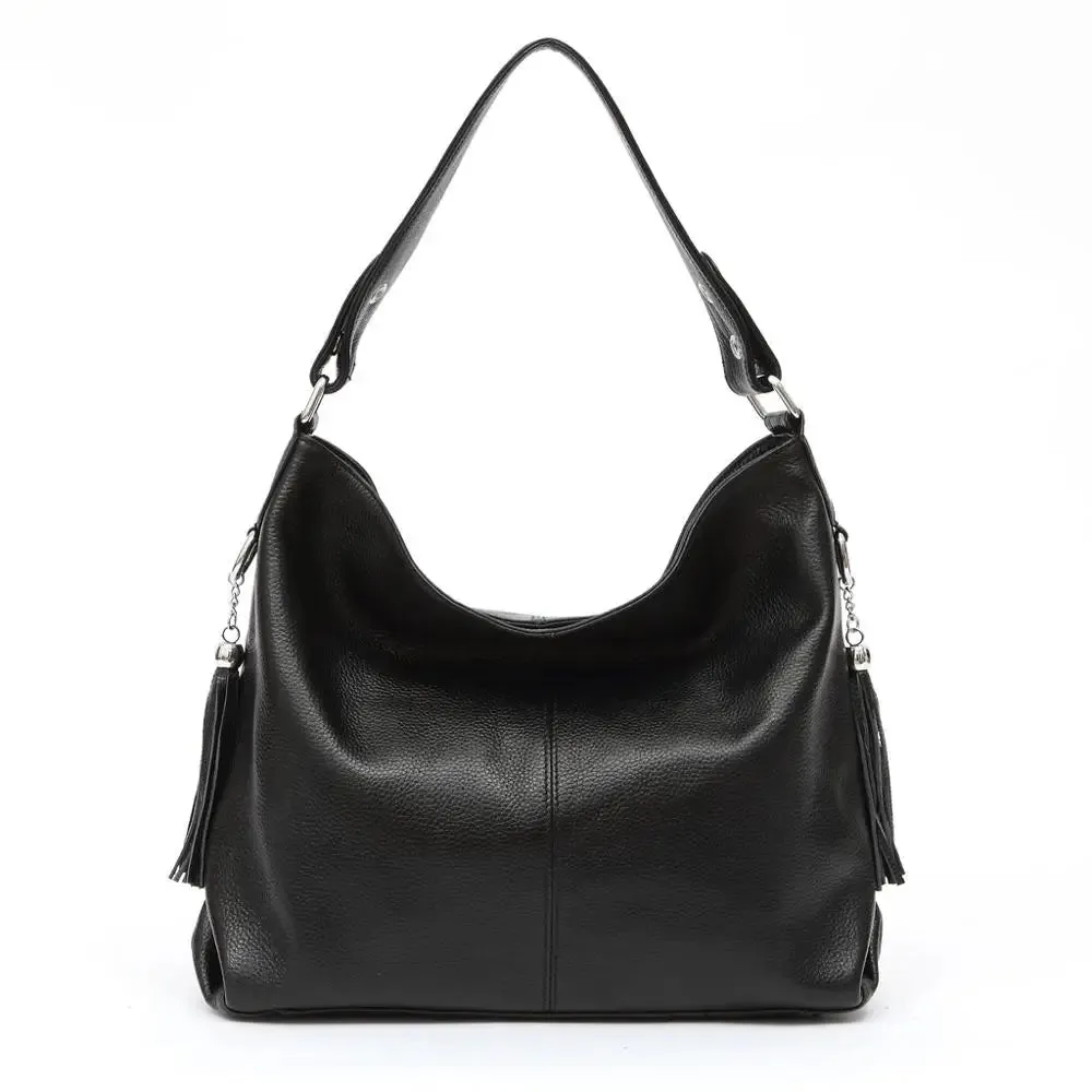 ZENCY Genuine Leather Shoulder Bag with Tassel Decoration
